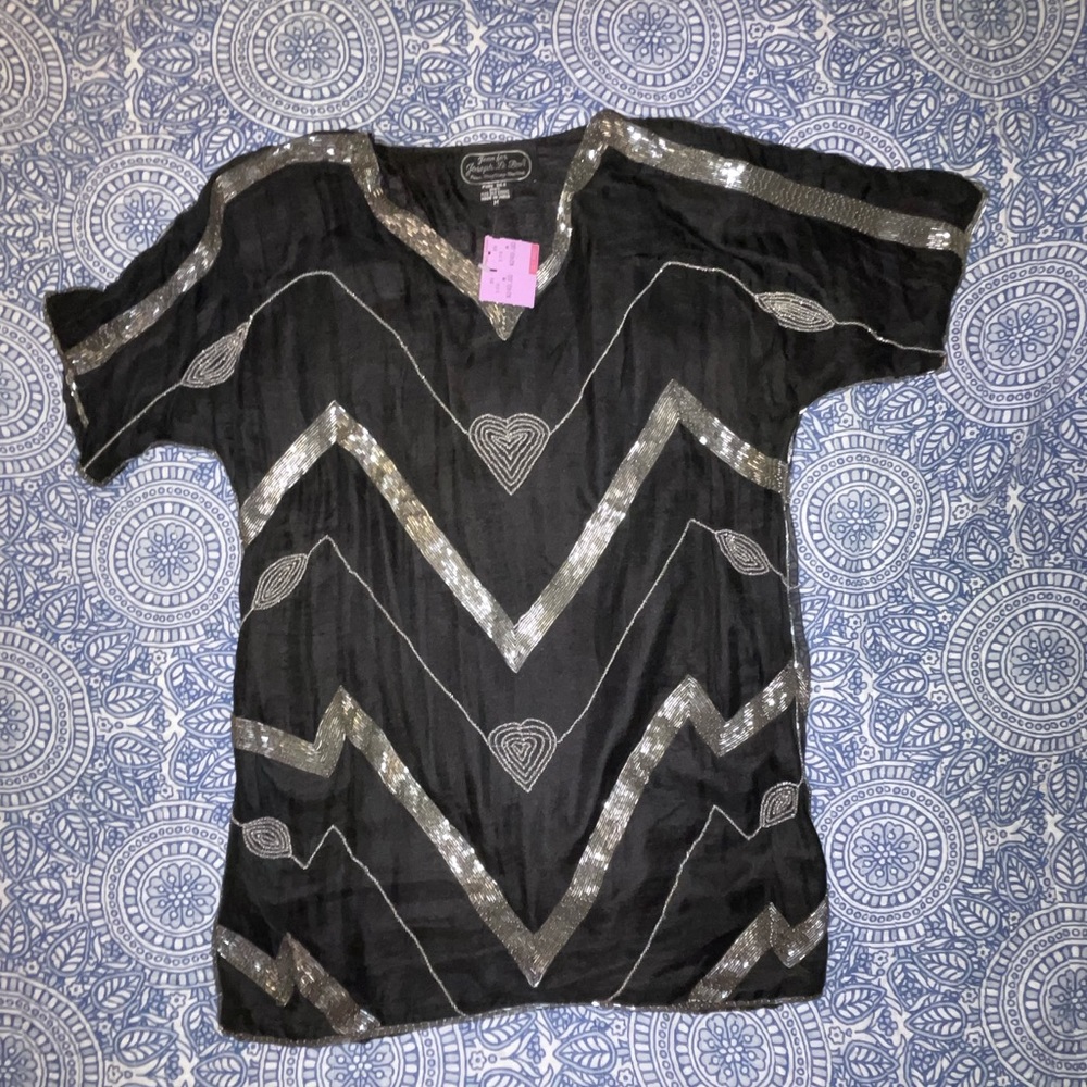 NWT Vintage 80's Jean for Joseph Le Bon Black Silk Tunic with Silver Bugle Beads